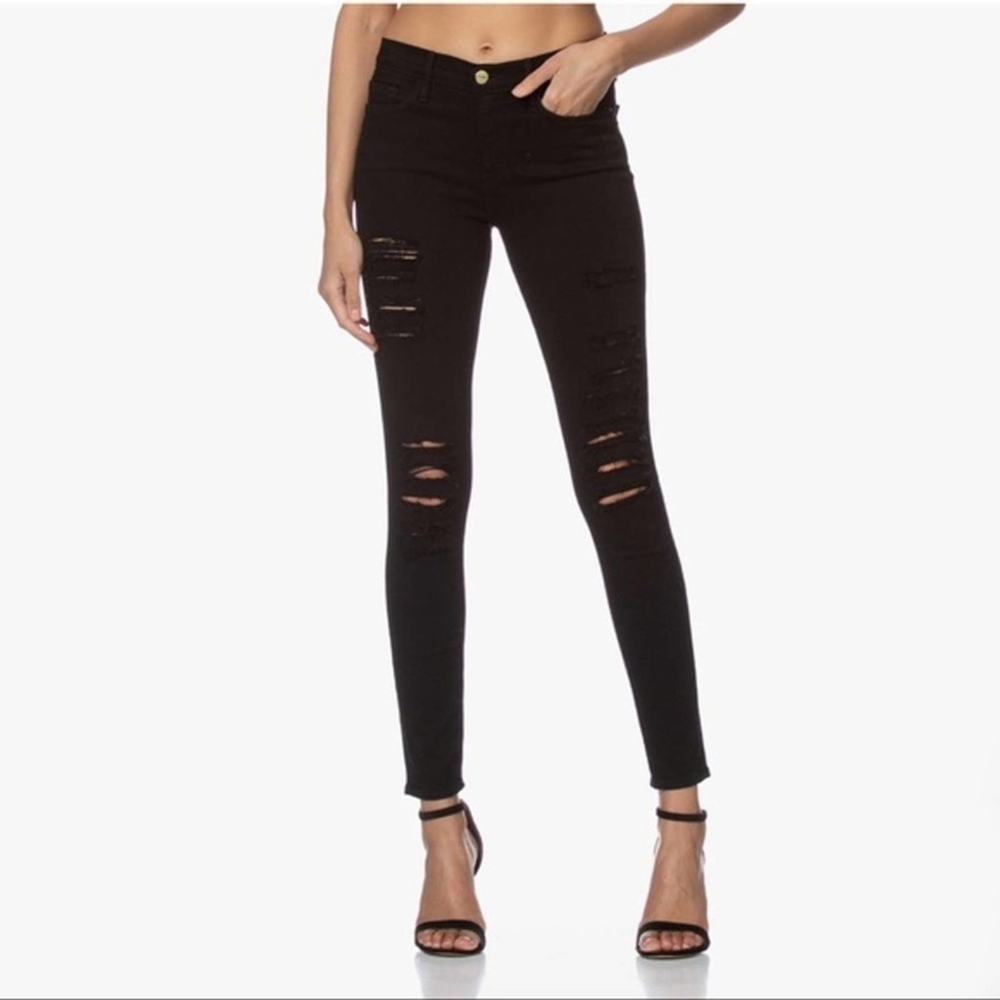 Frame Denim Le Skinny De Jeanne Ripped Jeans In Film Noir Black Size 24